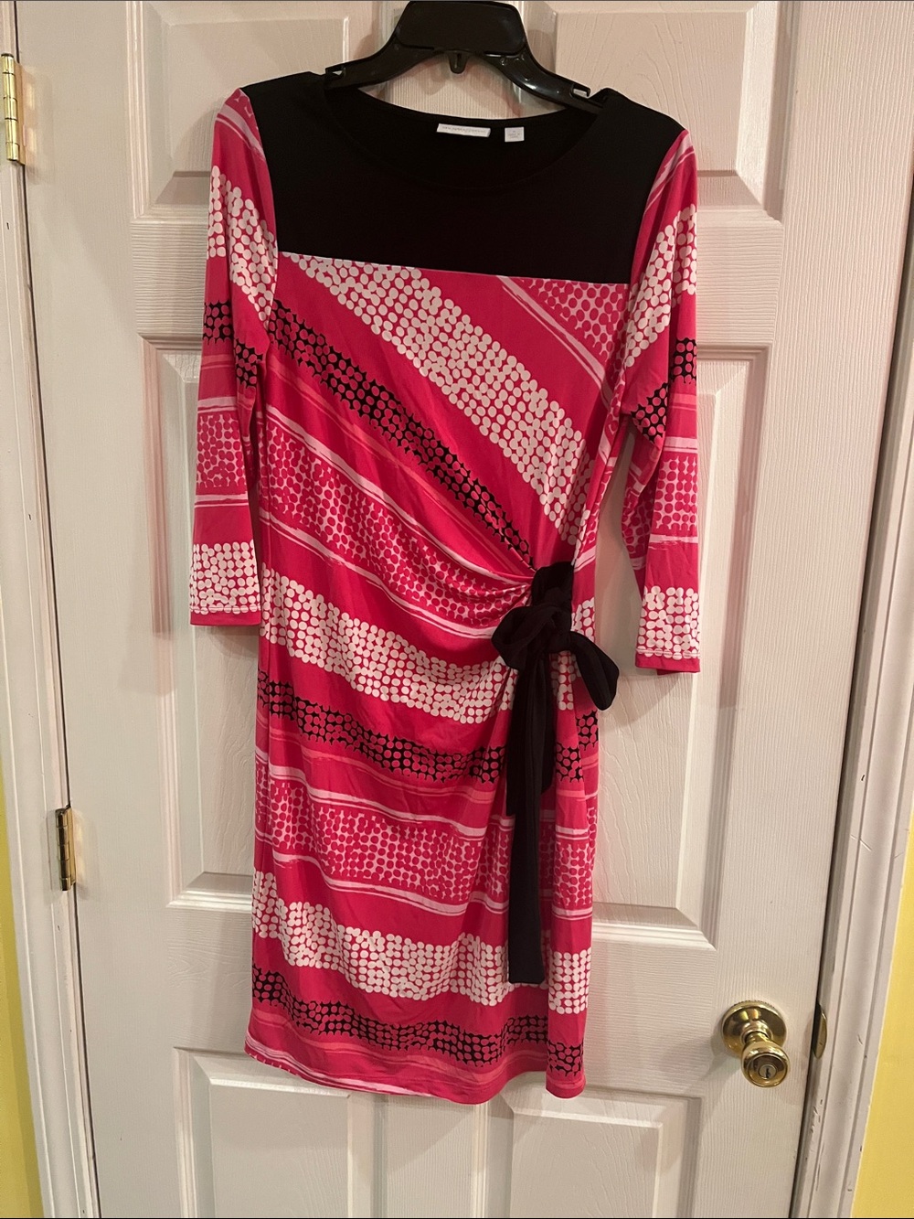New York & Company Pink and Black Patterned Tie-Waist Knee Length Dress